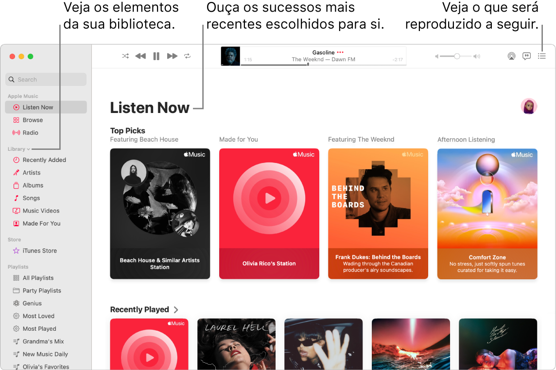 Uma janela da aplicação Música mostra como ver a biblioteca, ouvir Apple Music e ver o que será reproduzido de seguida.