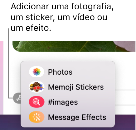 O menu Aplicações com opções para mostrar fotografias, stickers de Memoji, GIF e efeitos de mensagens.