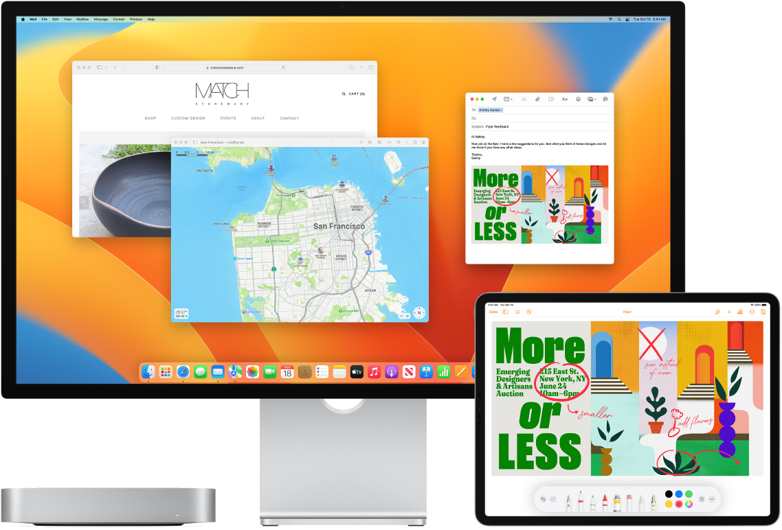 Um Mac mini e iPad são apresentados lado a lado. O ecrã do iPad mostra um panfleto com anotações. O ecrã do Mac mini tem uma mensagem do Mail com um panfleto anotado do iPad como anexo.