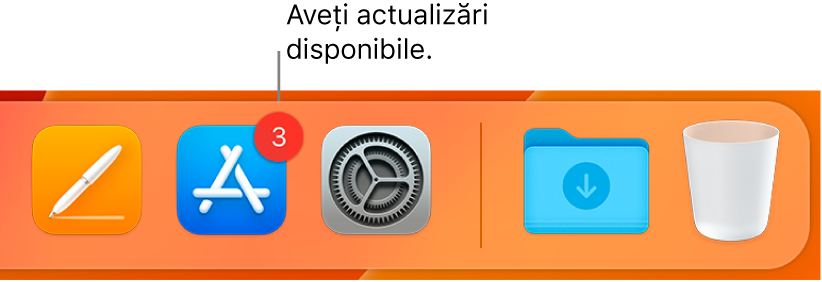 O secțiune din Dock afișând pictograma App Store cu o insignă, indicând că există actualizări disponibile.