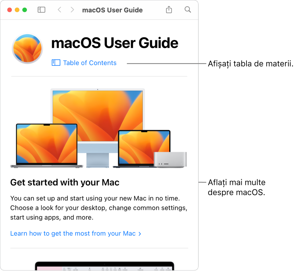 Pagina de bun venit a Manualului de utilizare macOS afișând linkul Tablă de materii.