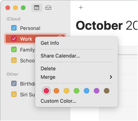 Meniu de scurtături Calendar cu opțiuni pentru personalizarea culorii unui calendar.