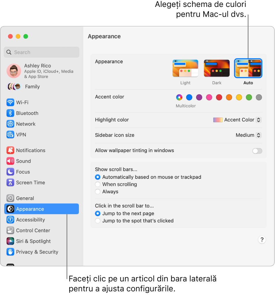 Configurările Aspect din Configurări sistem.