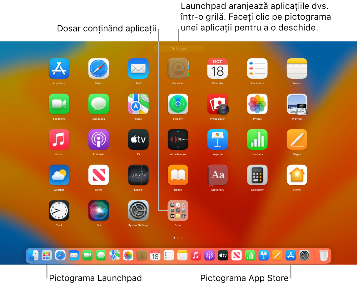 Un ecran de Mac cu Launchpad deschis, afișând un dosar de aplicații din Launchpad, pictograma Launchpad și pictograma App Store din Dock.