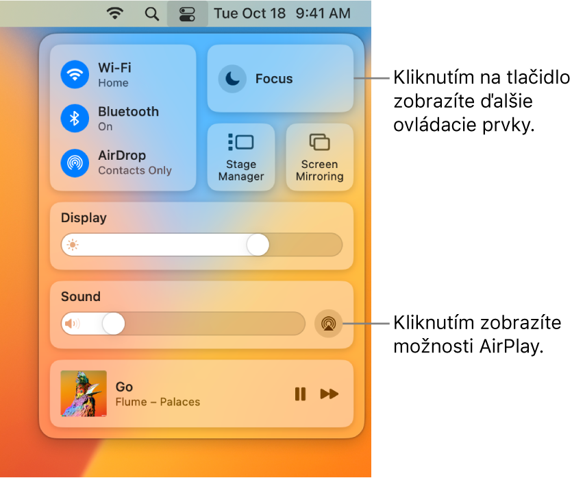 Zväčšené zobrazenie Ovládacieho centra na Macu.