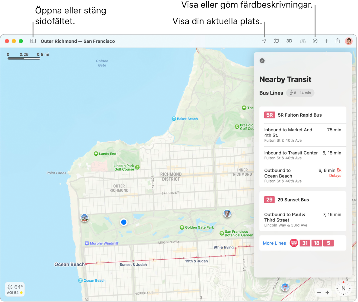 Okno aplikacije Maps, v katerem je prikazano, kako pridete do destinacije, tako, da jo kliknete v stranski vrstici, kako odprete ali zaprete stransko vrstico in kako na zemljevidu najdete svojo trenutno lokacijo.