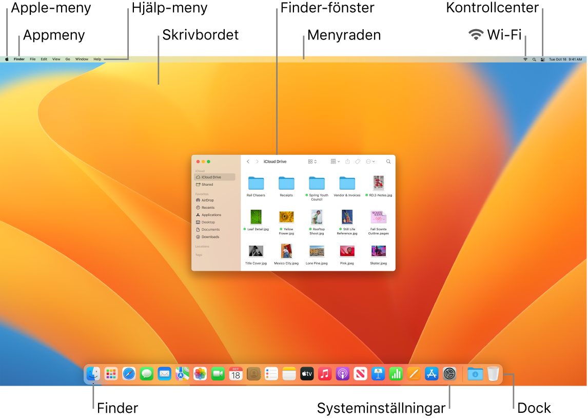 Mac-skärm som visar Apple-menyn, appmenyn, Hjälp-menyn, skrivbordet, menyraden, ett Finder-fönster, Wi-Fi-symbolen, Kontrollcenter-symbolen, Finder-symbolen, symbolen för Systeminställningar och Dock.