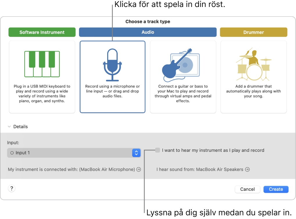 Instrumentpanelen i GarageBand som visar var du ska klicka när du vill spela in en röst och hur du hör dig själv medan du spelar in.