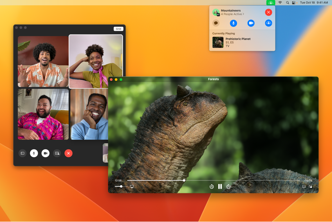 Спільний перегляд епізоду Prehistoric Planet у вікні програми Apple TV і глядачами у вікні FaceTime.