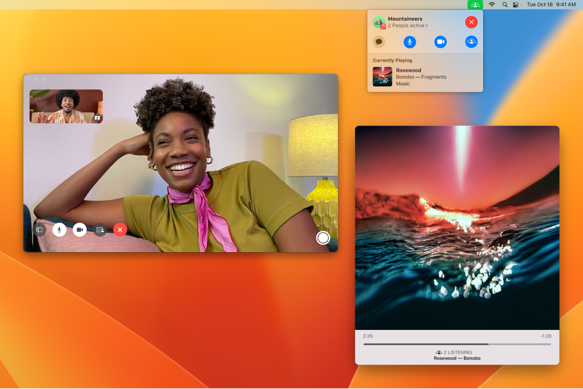 Спільне прослуховування зі слухачами у вікні FaceTime і вікно програми Музика з відтворенням пісні.