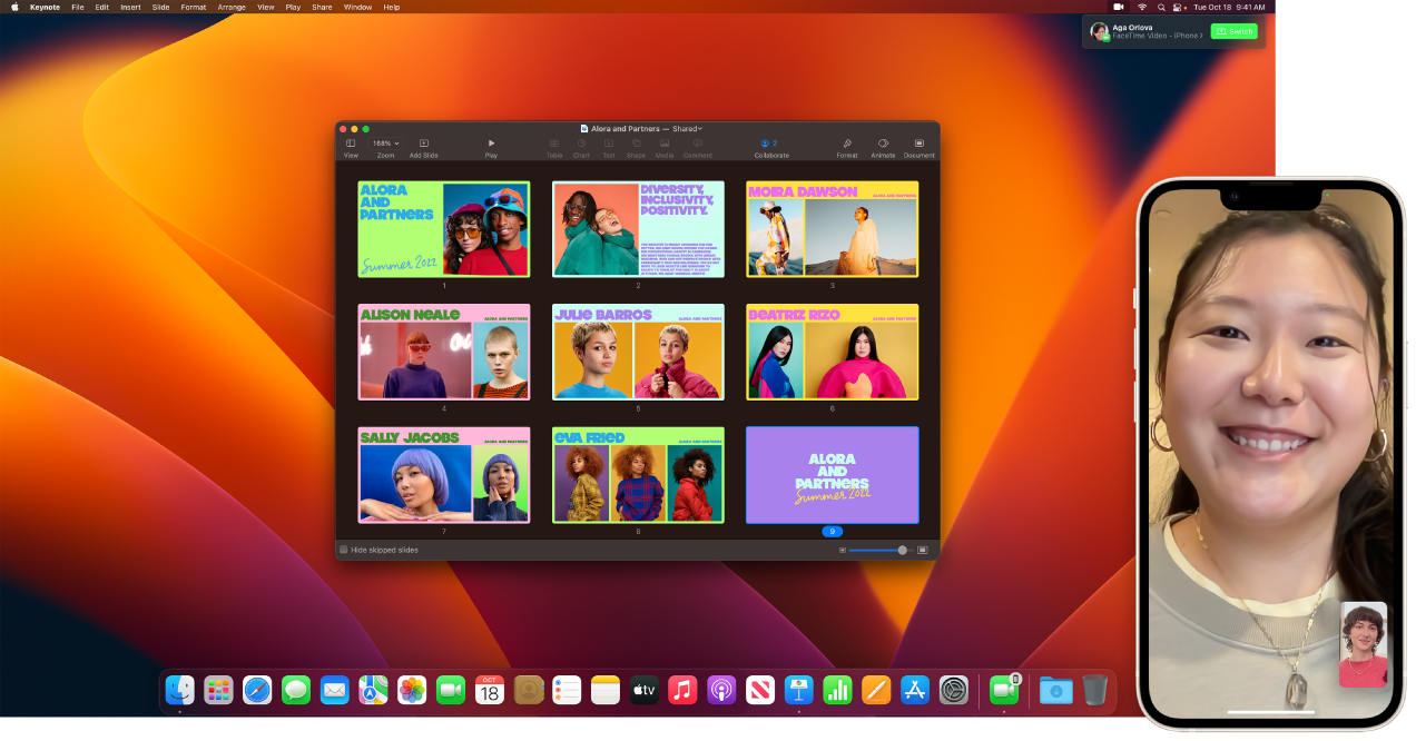 iPhone 上的 FaceTime 通话，旁边的 Mac 桌面显示打开的 Keynote 讲演窗口。Mac 右上角是用于将 FaceTime 通话切换到 Mac 的按钮。