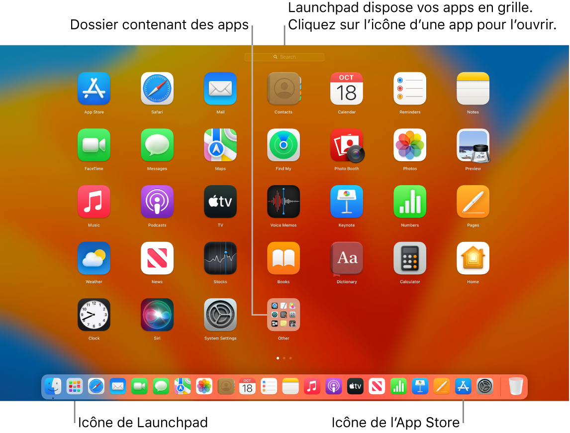 L’écran du Mac avec Launchpad ouvert, affichant un dossier d’apps dans Launchpad, et les icônes Launchpad et App Store dans le Dock.