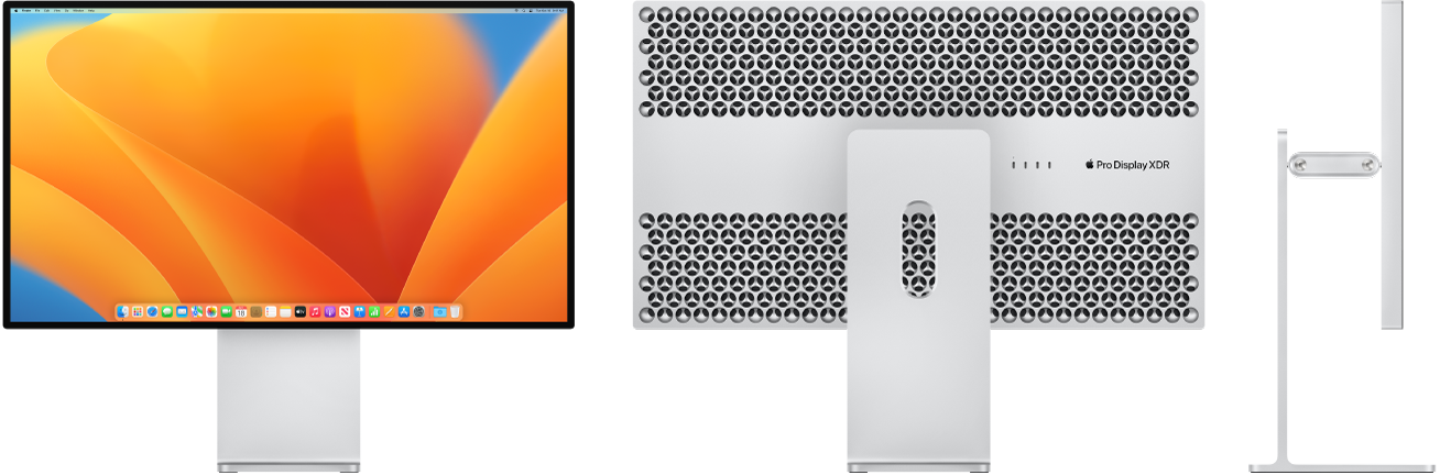 A Pro Display XDR egy Pro Stand állványon elölnézetből, hátulnézetből és oldalnézetből.