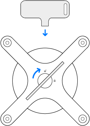 Pagal laikrodžio rodyklę sukami raktas ir adapteris.