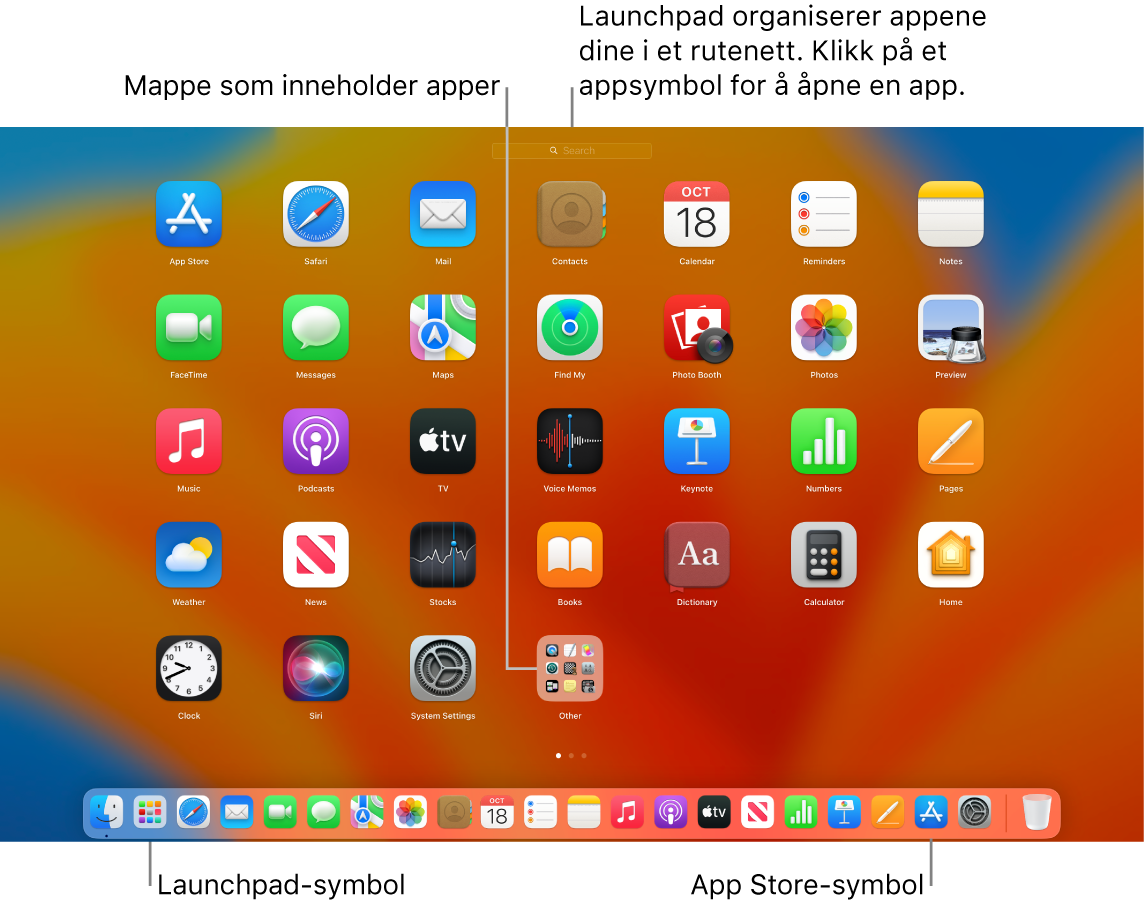 En Mac-skjerm med Launchpad åpent, som viser en mappe med apper i Launchpad og Launchpad- og App Store-symbolene i Dock.