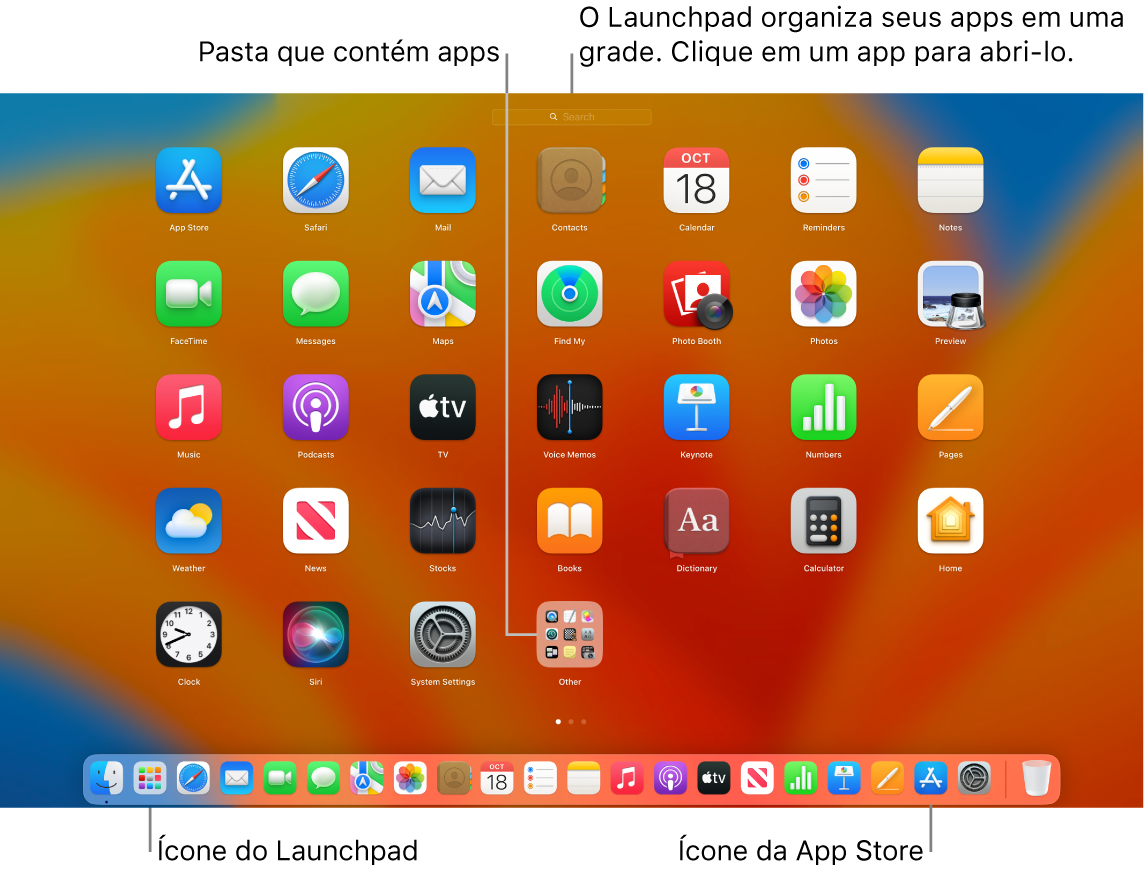 Tela do Mac com o Launchpad aberto, mostrando uma pasta de apps no Launchpad e os ícones do Launchpad e da App Store no Dock.