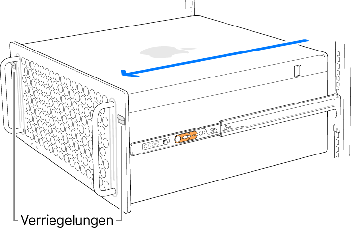 Der Mac Pro sitzt auf Schienen, die fest am Rack montiert sind.