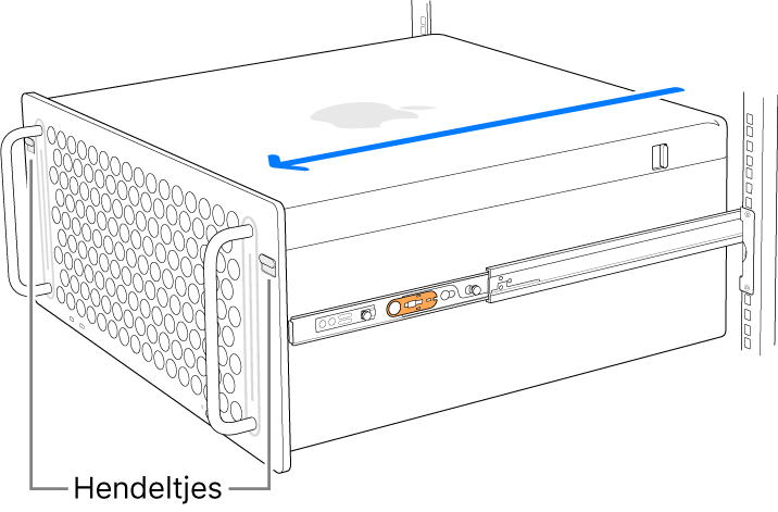 Mac Pro die rust op de rails die zijn bevestigd aan een rack.