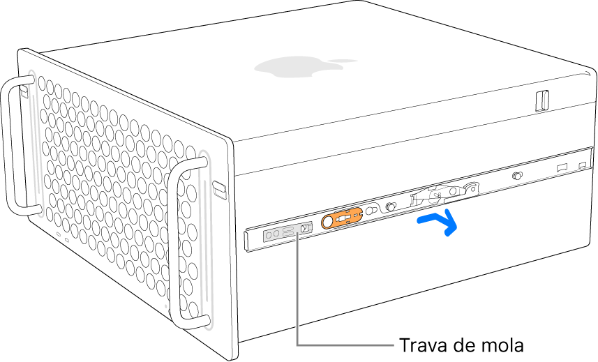 Um trilho sendo desprendido da lateral do Mac Pro.