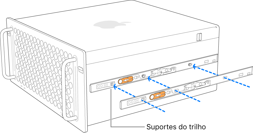 Mac Pro com um trilho interno sendo fixado na lateral.