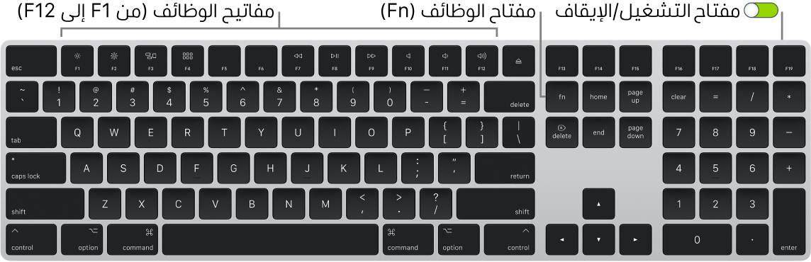 لوحة مفاتيح ماجيك تظهر مفتاح الوظائف (Fn) في الزاوية السفلية اليسرى ومفتاح التشغيل/إيقاف التشغيل في الزاوية العلوية اليمنى من لوحة المفاتيح.