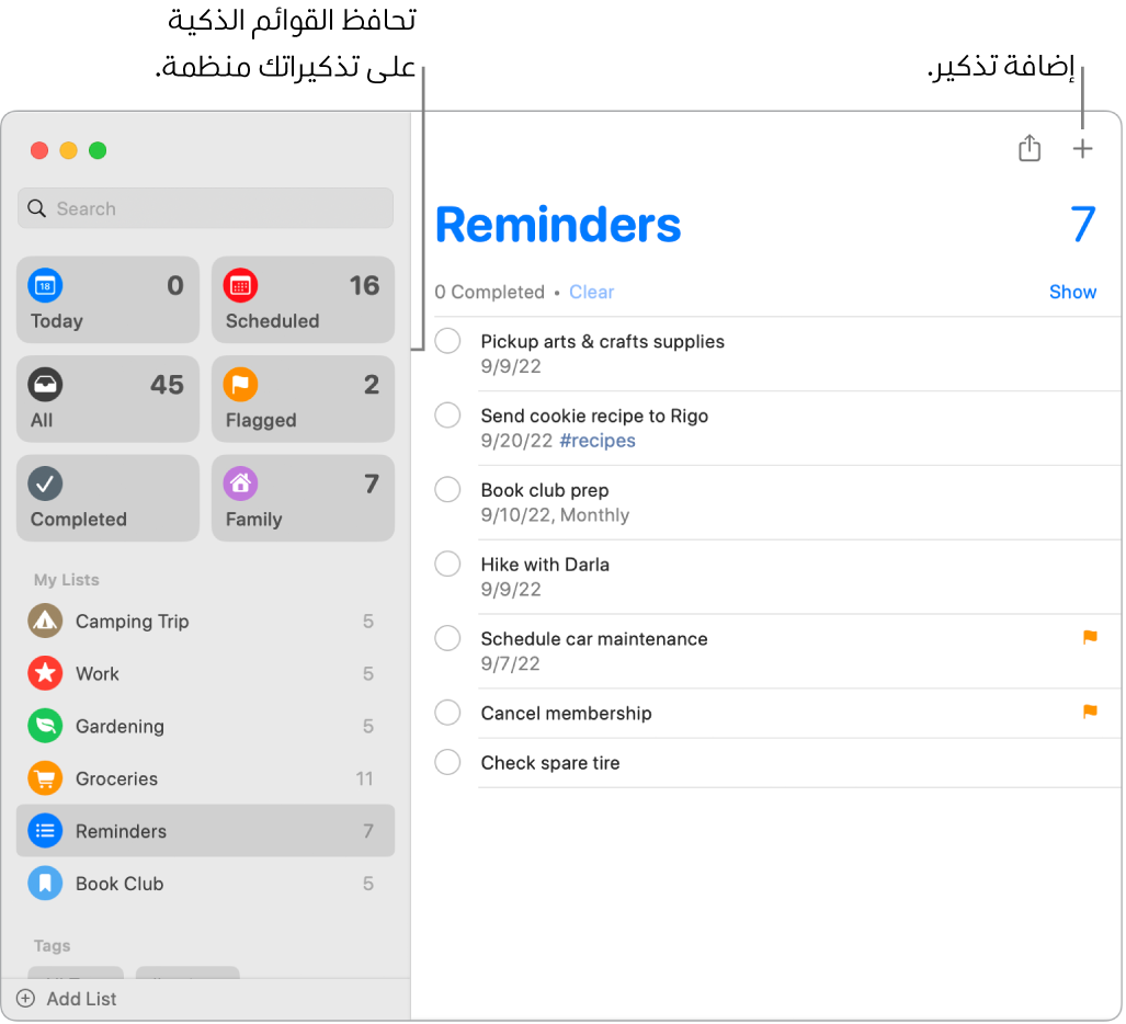 نافذة التذكيرات تظهر بها القوائم الذكية على اليمين وغيرها من التذكيرات والقوائم أدناه. يظهر المؤشر في تذكير. تظهر وسائل شرح للقوائم الذكية ولزر "إضافة تذكير جديد".