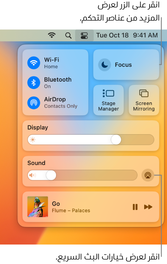 عرض مُكبَّر لمركز التحكم على Mac.