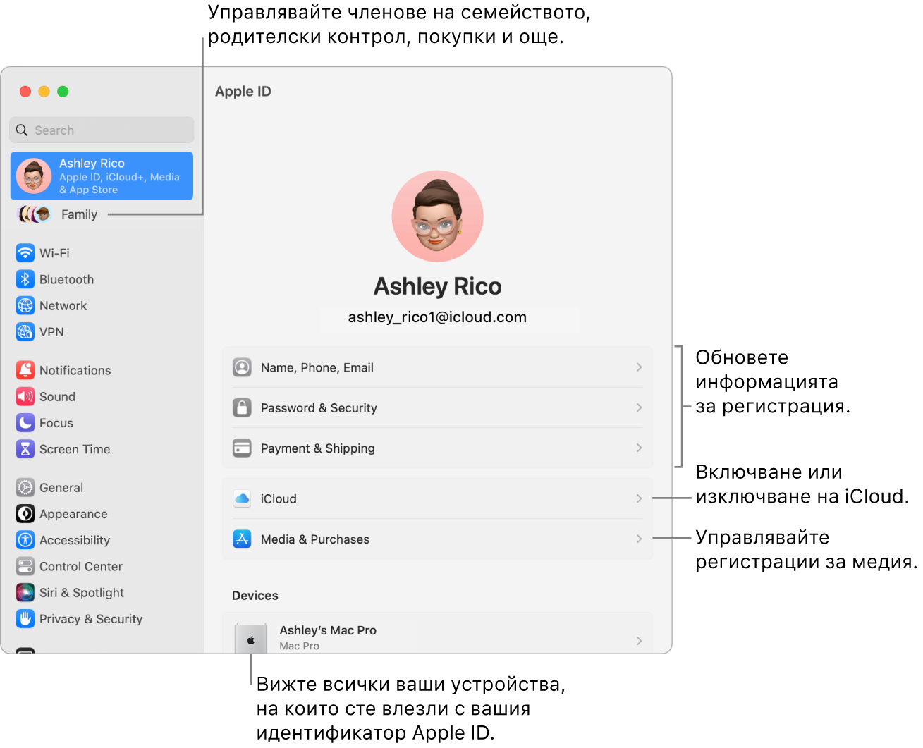 Панелът на Apple ID в System Settings (Системни настройки) с изнесени означения за обновяване на информация за регистрация, включване и изключване на функции на iCloud, управление на регистрации за медийно съдържание и Family (Семейство), от където можете да управлявате членове на семейството, родителски контрол, покупки и други.