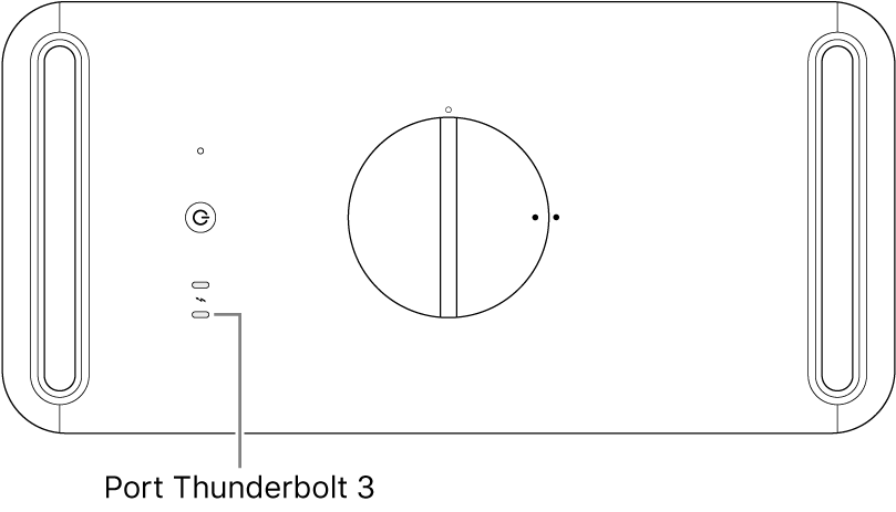 Vista zenital del Mac Pro, en què s’assenyala quin és el port Thunderbolt 3 que s’ha d’utilitzar.
