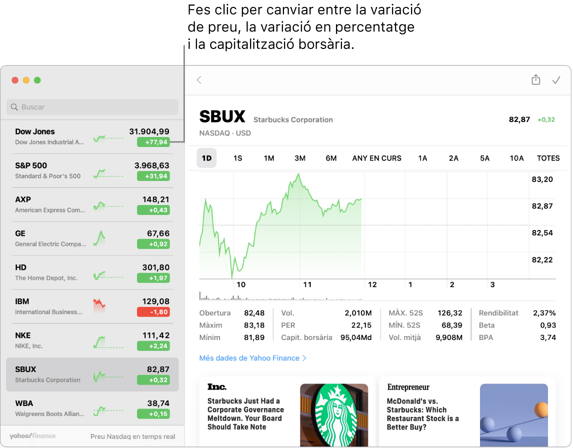 Una pantalla de l’app Borsa amb informació i articles sobre el valor seleccionat i la llegenda “Fes clic per desplaçar‑te per les variacions de preu, de percentatge i de capitalització del mercat”.