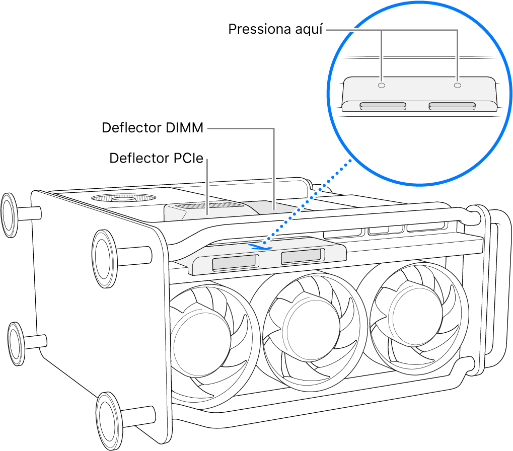 Imatge del Mac Pro sobre un costat, en què es veuen el deflector del DIMM, el deflector del PCIe i la coberta de la unitat SSD.