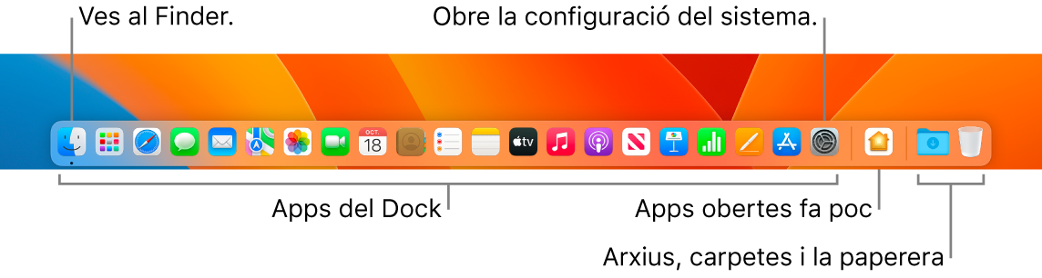 El Dock amb el Finder, l’app Configuració de Sistema i la línia del Dock que divideix les apps dels arxius i les carpetes.