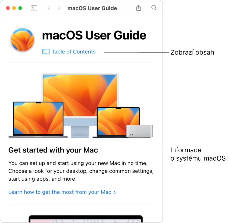 Úvodní stránka Uživatelské příručky pro macOS s odkazem na obsah