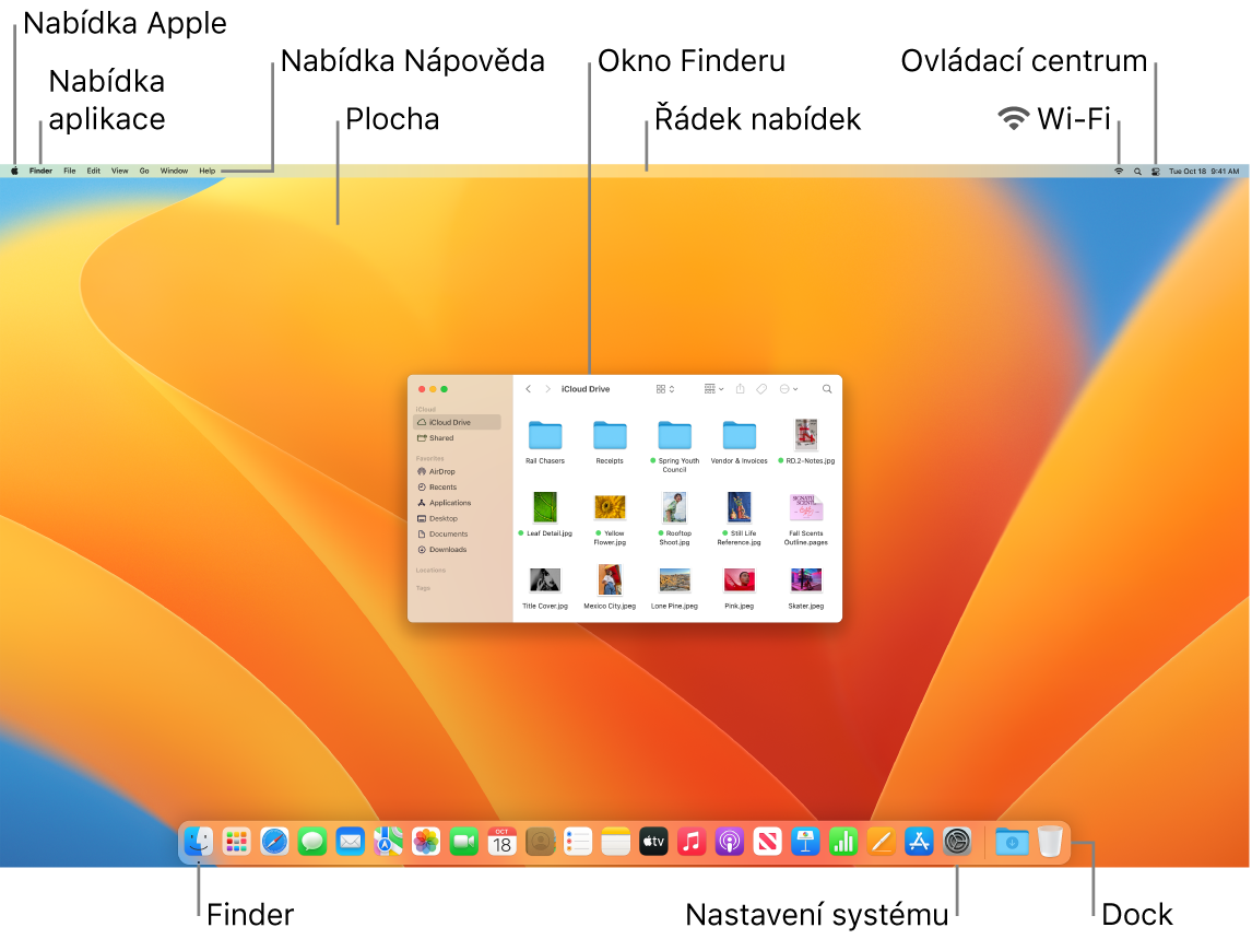 Obrazovka Macu s nabídkou Apple, nabídkou aplikací, nabídkou Nápověda, plochou, řádkem nabídek, oknem Finderu, ikonou Wi‑Fi, ikonou Ovládacího centra, ikonou Finderu, ikonou Nastavení systému a Dockem