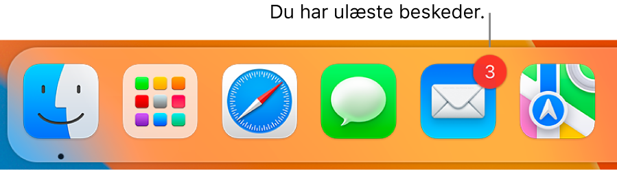 En del af Dock, der viser symbolet for appen Mail med et etiket, som viser antallet af ulæste beskeder.