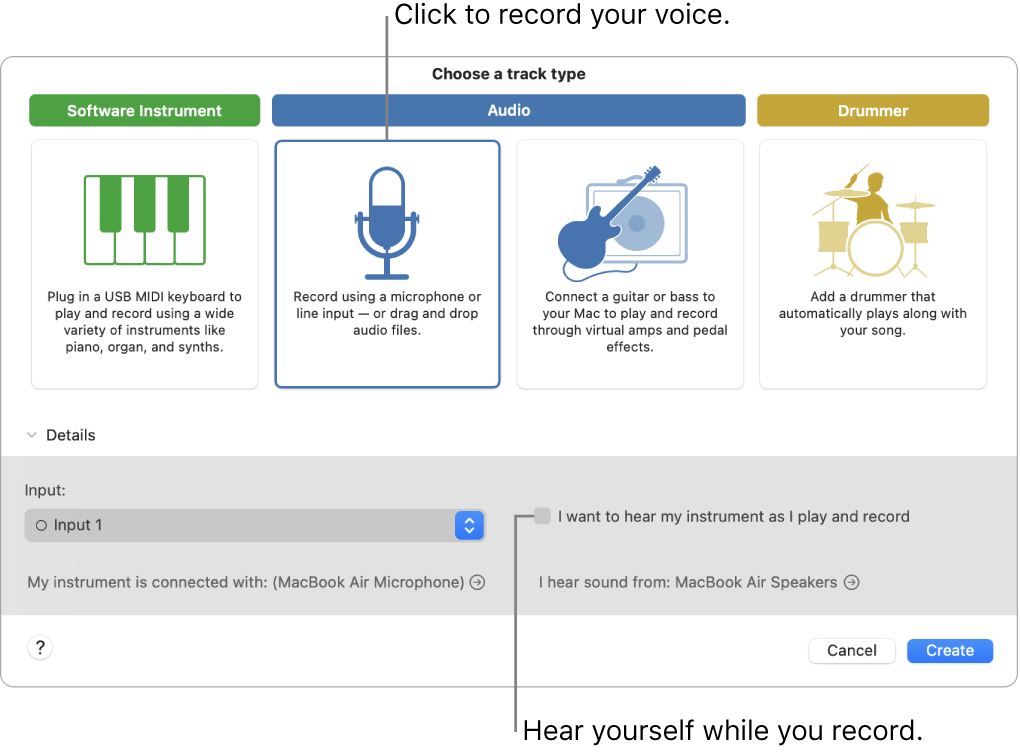 The GarageBand instrument panel showing where to click to record a voice and how to hear yourself when you record.