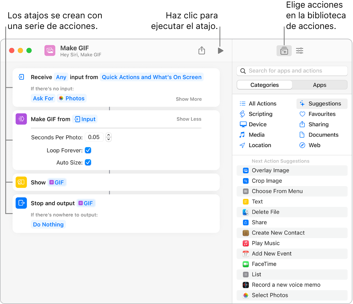 El editor de atajos Crear GIF en la parte izquierda y la biblioteca de acciones en la derecha.