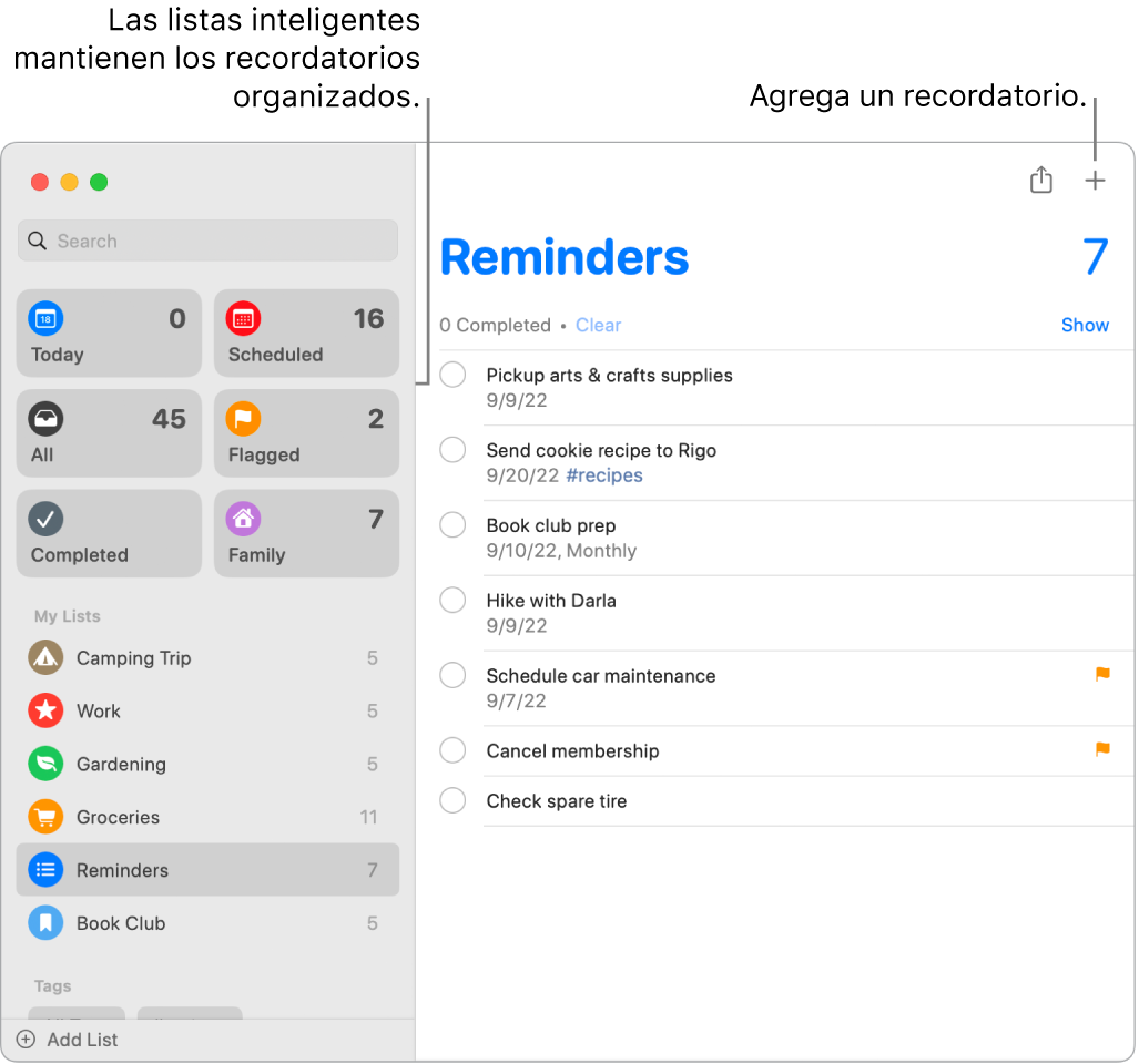 Una ventana de la app Recordatorios con listas inteligentes en el lado izquierdo, y otros recordatorios y listas debajo. El puntero está en un recordatorio. Hay globos para las listas inteligentes y para el botón Agregar un nuevo recordatorio.