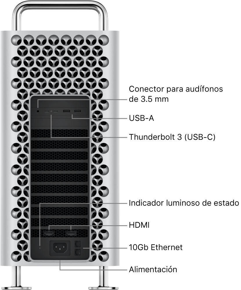 Una vista lateral de una Mac Pro mostrando el conector para audífonos de 3.5 mm, dos puertos USB-A, dos puertos Thunderbolt 3 (USB-C), un indicador luminoso de estado, dos puertos HDMI, dos puertos 10 Gigabit Ethernet y el puerto de corriente.
