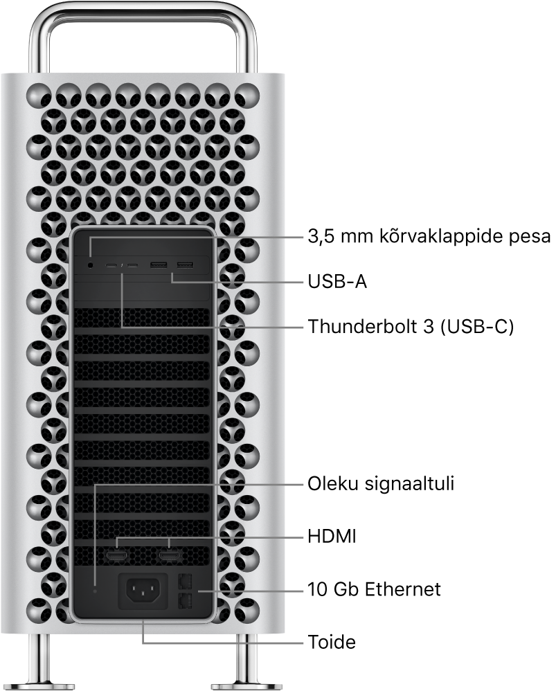 Mac Pro küljevaade, millel on kujutatud 3,5 mm kõrvaklappide pesa, kahte USB-A-porti, kahte Thunderbolt 3 (USB-C) porti, oleku indikaatortuld, kahte HDMI porti, kahte 10 Gigabit Etherneti porti ning Power-porti.