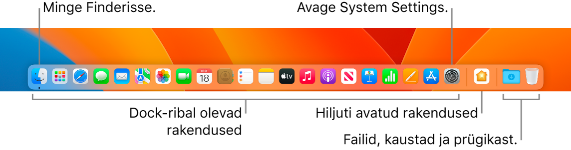 Dock-ribal on Finder, System Settings ning joon, mis eraldab rakendusi failidest ja kaustadest.