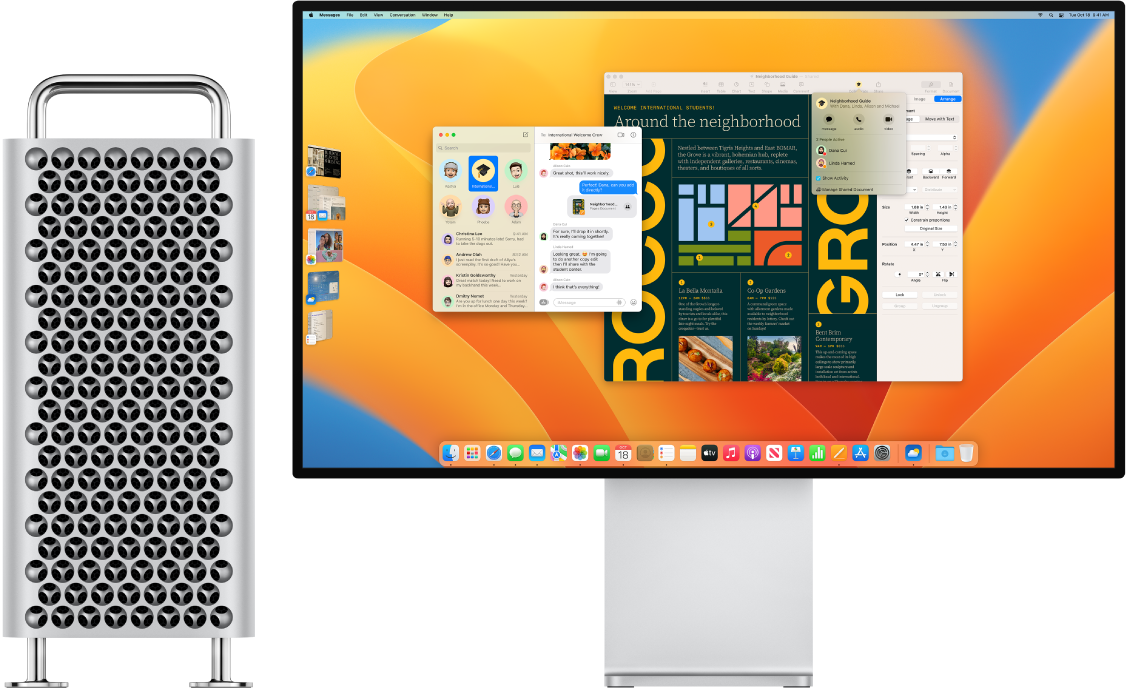 Un Mac Pro connecté à un Pro Display XDR, avec l’ordinateur affichant le centre de contrôle et plusieurs apps ouvertes.