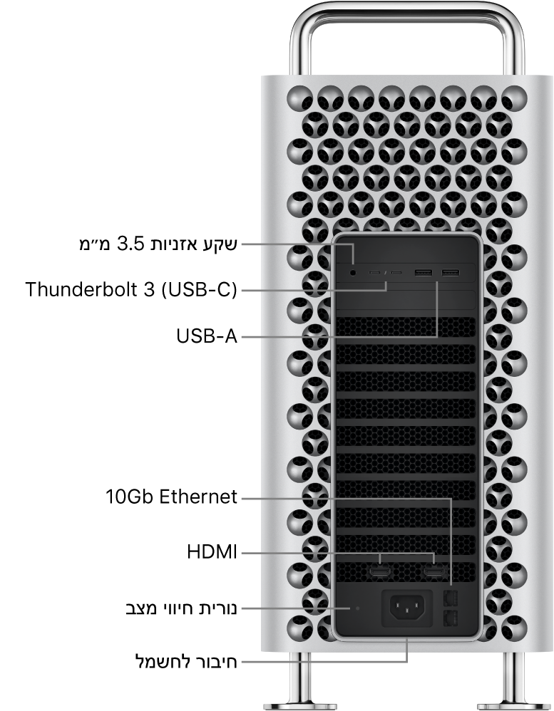 מבט מהצד על Mac Pro המציג את מחבר האוזניות של 3.5 מ״מ, שתי יציאות USB-A, שתי יציאות Thunderbolt 3 (USB-C), נורית מחוון המצב, שתי יציאות HDMI, שתי יציאות Ethernet ‏10 ג״ס ויציאת ספק כוח.