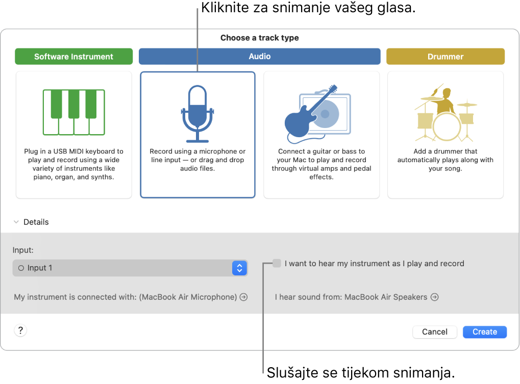 Ploča za instrumente aplikacije GarageBand prikazuje gdje kliknuti za snimanje glasa te kako se preslušati nakon snimanja.