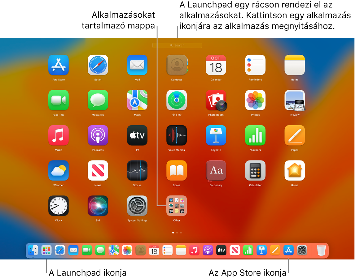 Egy Mac képernyője a megnyitott Launchpad alkalmazással, amelyben az appok mappája látható, valamint a Launchpad és az App Store ikonjaival a Dock területén.