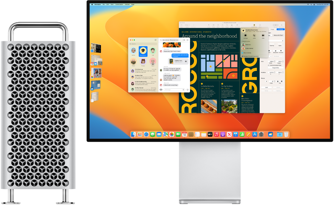 Mac Pro tersambung ke Pro Display XDR, dengan desktop yang menampilkan Pusat Kontrol dan beberapa app yang terbuka.