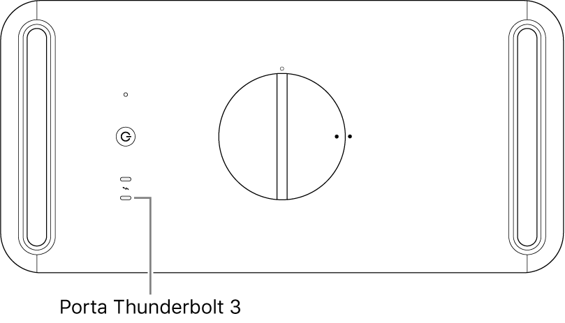 La parte superiore di Mac Pro, con in evidenza la porta Thunderbolt 3 corretta da utilizzare.