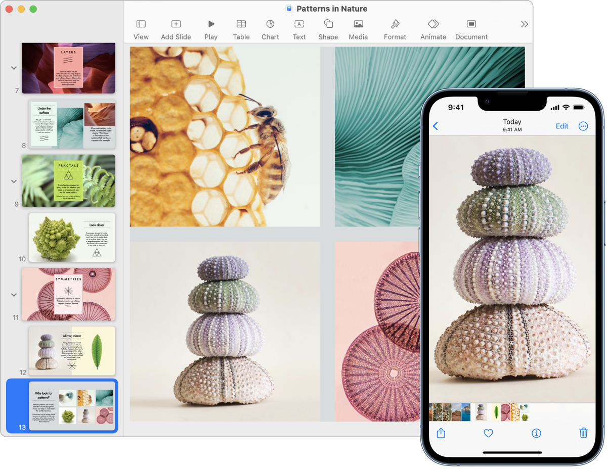 iPhone che mostra una foto, accanto a un Mac che mostra la stessa foto dopo averla incollata in una presentazione Keynote.