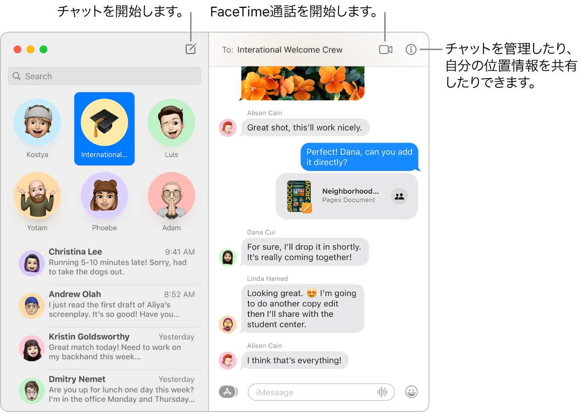 メッセージウインドウ。チャットの開始方法とFaceTime通話の開始方法を示しています。