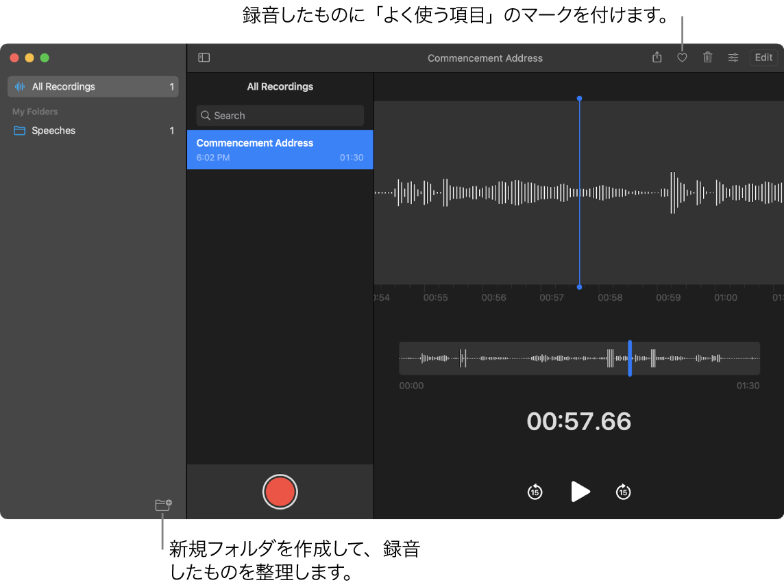 ボイスメモウインドウ。新規フォルダの作成方法や、録音をよく使う項目としてマークする方法が示されています。